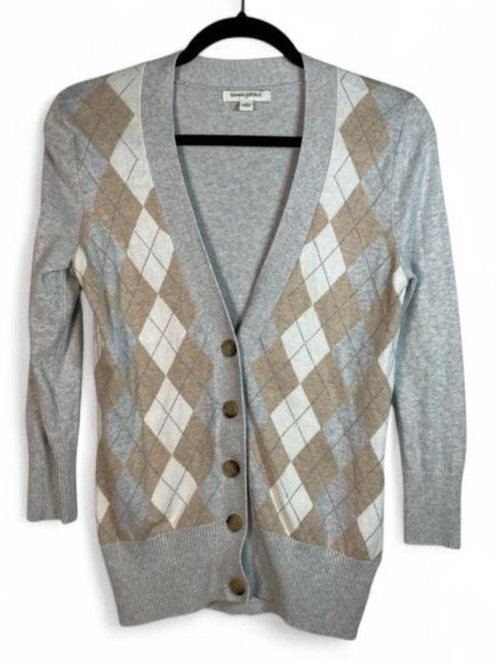 Banana Republic Women's Argyle Cardigan - Gray, White, Tan With Angora Sz S